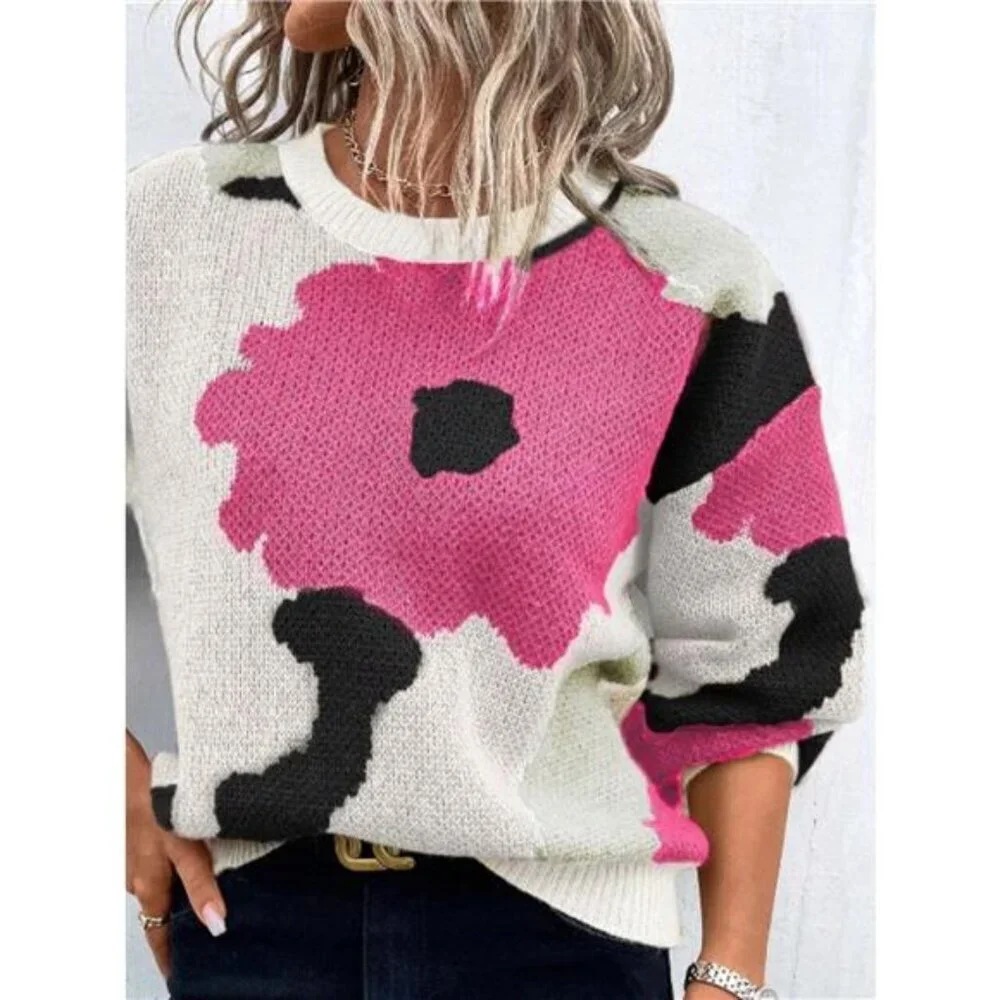 Floral Pattern Round Neck Sweater - Picture 13 of 16
